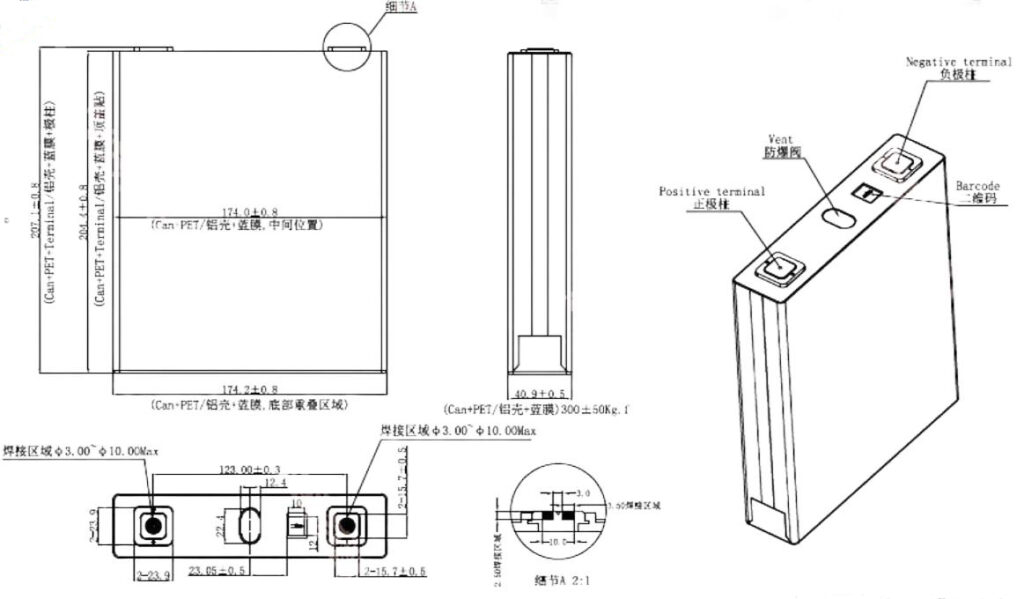 3.2v 173ah lifepo4 prismatic battery demention