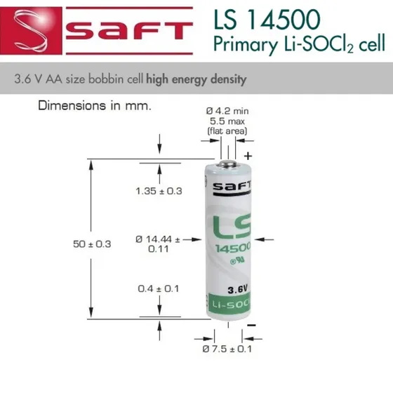 Saft LS14500 AA 3.6V Li-SOCl2 Battery Dimensions